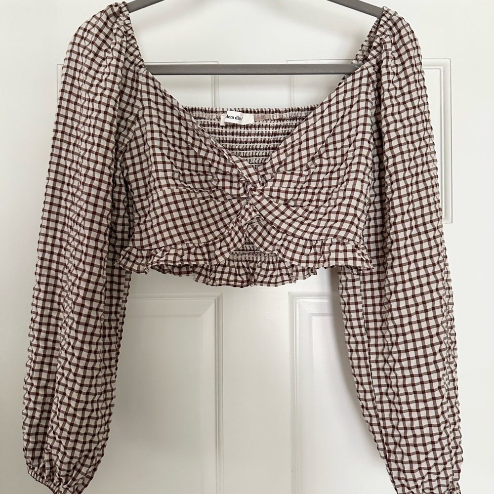 Idem Ditto Brown and White Gingham Crop Top-Small